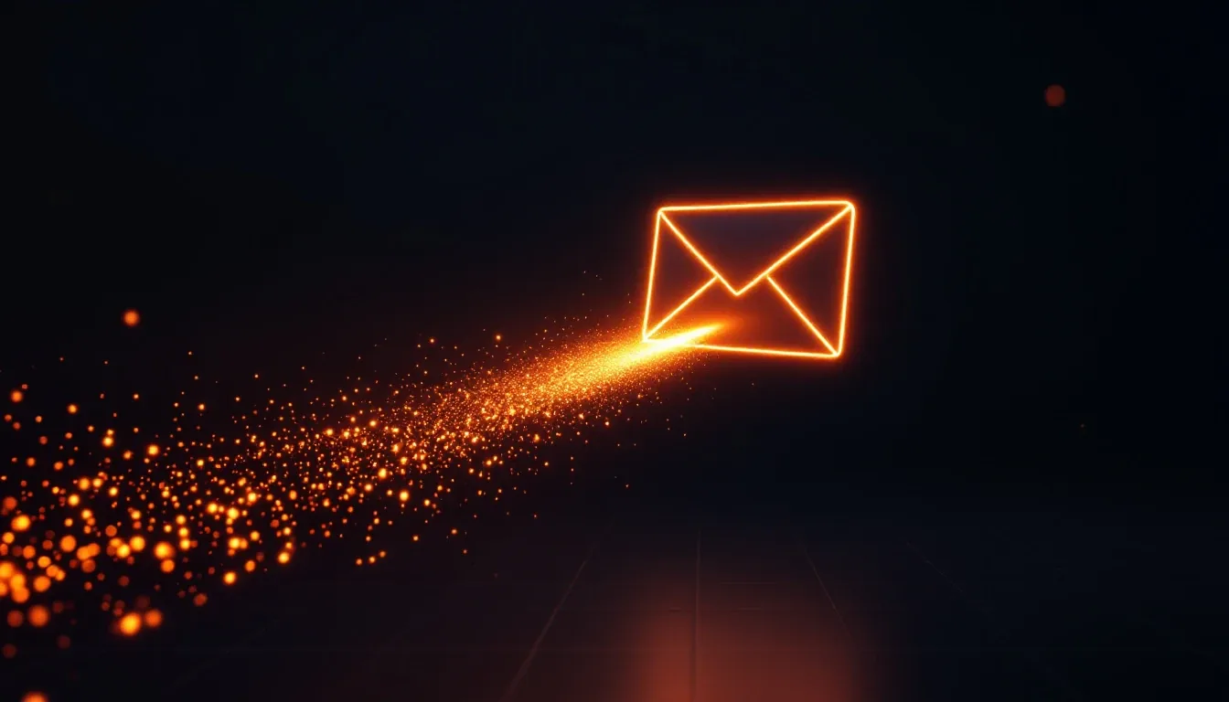 Envelope de luz laranja deixando um rastro de faíscas a caminho da caixa de entrada, sobre fundo escuro